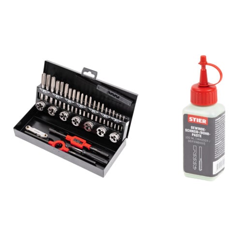 Set Stier STIER Gewindeschneidzeug-Satz / Gewindeschneider Set 32-teilig M3-M12 HSS-G + STIER Gewindeschneidpaste Bohrpaste 100 ml Wasser-/ Seifenbasis