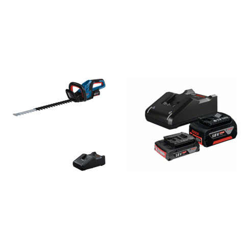 Set Bosch Akku-Heckenschere GHE 18V-60 + Starter-Set: 1x GBA 18V 2,0Ah + 1x GBA 18V 4,0Ah + GAL 18V-40