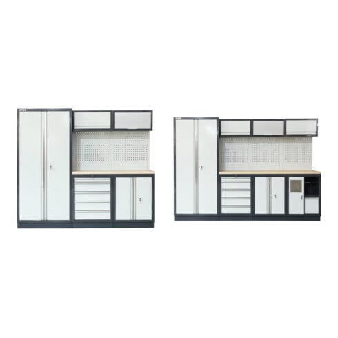Set STIER Werkstatteinrichtung Basic 3-teilig mit Lochwand und Multiplex-Arbeitsplatte BxTxH 2275x460x2000mm + Werkstatteinrichtung Basic 4-teilig mit Lochwand und Multiplex-Arbeitsplatte BxTxH 2955x460x2000mm