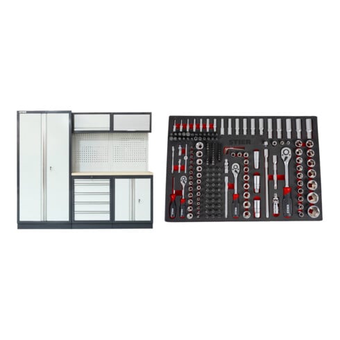 Set STIER Werkstatteinrichtung Basic 3-teilig mit Lochwand und Multiplex-Arbeitsplatte BxTxH 2275x460x2000mm + Steckschlüssel-Satz 1/4'' 3/8'' 1/2'' 179-teilig in Weichschaumeinlage (EVA)