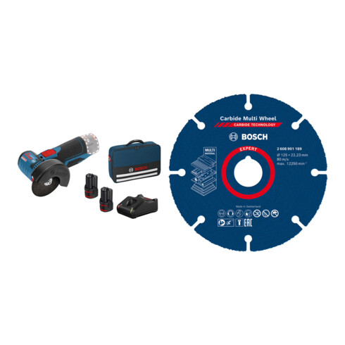Set Bosch Akku-Winkelschleifer GWS 12V-76 mit 2 x 2,0 Ah Li-Ion Akku + EXPERT Carbide Multi Wheel Trennscheibe, 125 mm