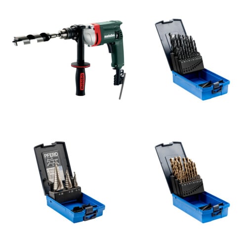 Set Metabo 60058000 Bohrmaschine BE 75-16 + PFERD Stufenbohrer-Set HSS 3-tlg. + PFERD Spiralbohrer-Set 25-tlg. STEEL HSSG N DIN 338 universal + PFERD Spiralbohrer-Set 25-tlg. INOX HSSE N DIN 338 für zähe und harte Werkstoffe