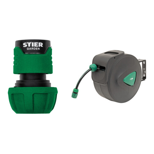 Set STIER Schlauchverbinder Wasserstop 16-19mm (5/8-3/4 Zoll) + Garten-Schlauchtrommel SGS-300, 30+2 m, mit Sprühpistole, Automatik, schwenkbar