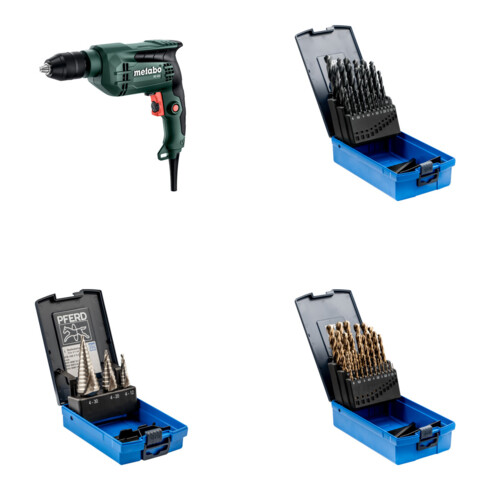 Set Metabo Bohrmaschine BE 650 Karton + PFERD TOOLS Stufenbohrer-Set HSS 3-tlg. + PFERD TOOLS Spiralbohrer-Set 25-tlg. STEEL HSSG N DIN 338 universal + PFERD TOOLS Spiralbohrer-Set 25-tlg. INOX HSSE N DIN 338 für zähe und harte Werkstoffe