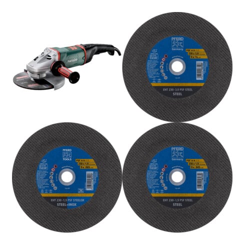Set Metabo WE 26 230 MVT Quick * Winkelschleifer + Pferd Trennscheibe EHT 230-1,9 PSF + Pferd TOOLS Trennscheibe EHT 230x1,9x22,23 mm gerade Universallinie PSF STEELOX + Pferd TOOLS Trennscheibe EHT 230x3,0x22,23 mm gerade Universallinie PSF STEEL