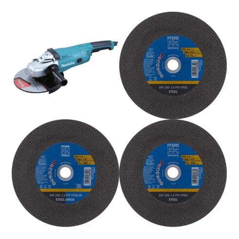 Set MAKITA Winkelschleifer GA9020RF 230 mm + Pferd Trennscheibe EHT 230-1,9 PSF STEEL + Pferd TOOLS Trennscheibe EHT 230x1,9x22,23 mm gerade Universallinie PSF STEELOX für Stahl/Edelstahl + Pferd TOOLS Trennscheibe EHT 230x3,0x22,23 mm gerade Universallin