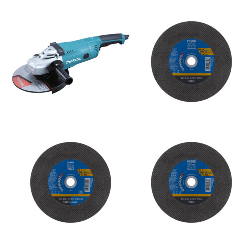 Set MAKITA Winkelschleifer GA9020RF 230 mm + Pferd Trennscheibe EHT 230-1,9 PSF STEEL + Pferd TOOLS Trennscheibe EHT 230x1,9x22,23 mm gerade Universallinie PSF STEELOX für Stahl/Edelstahl + Pferd TOOLS Trennscheibe EHT 230x3,0x22,23 mm gerade Universallin