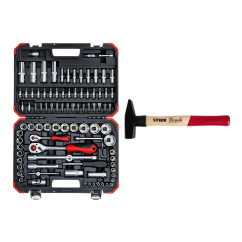 Set Gedore Red Steckschlüssel Satz 1/4+1/2 94tlg + STIER Schlosserhammer Robust+