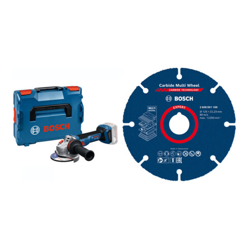 Set Bosch Akku-Winkelschleifer GWS 18V-11 in L-BOXX + EXPERT Carbide Multi Wheel Trennscheibe, 125 mm