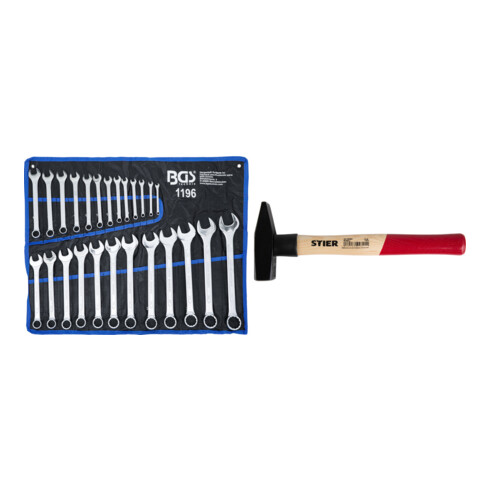 Set BGS Maulringschlüssel-Satz, 6-32 mm, DIN 3113A, 25-tlg. + STIER Schlosserhammer Robust+ 500g mit Stielschutz DIN 1041