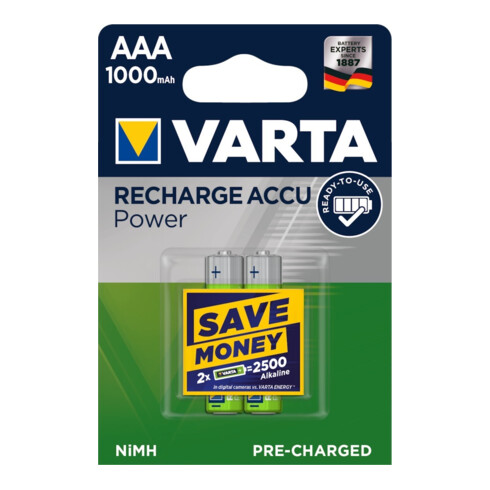 Batterie d´accumulateur 1,2 V 1000 mAh R03-AAA-Micro HR03 2 2pces/blister VARTA