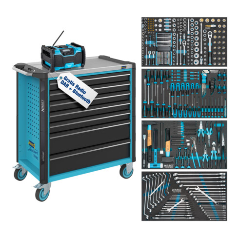 HAZET Werkstattwagen Assistent 179NXL, Sortiment 179NXL-7/382, 382-teilig, Schubladen, flach: 5× 81 x 696 x 398 mm, Schubladen, hoch: 2× 166 x 696 x 398 mm + Gratis-Radio