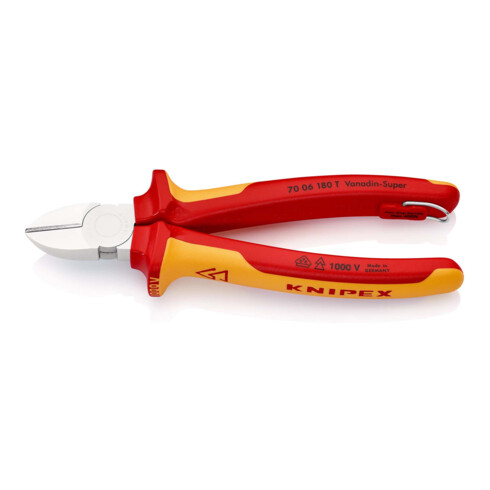 KNIPEX 70 06 180 T Seitenschneider isoliert mit Mehrkomponenten-Hüllen, VDE-geprüft; mit integrierter isolierter Befestigungsöse zum Anbringen einer Absturzsicherung verchromt 180 mm