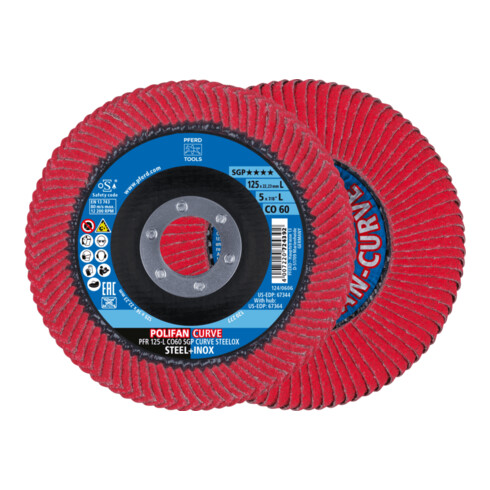 PFERD TOOLS POLIFAN CURVE Fächerscheibe PFR 125x22,23 mm Breite L CO60 SGP STEELOX für Stahl/Edelstahl