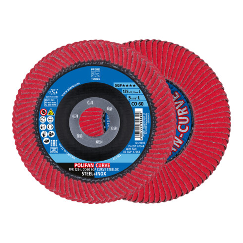 PFERD TOOLS POLIFAN CURVE Fächerscheibe PFR 125x22,23 mm Breite L CO60 SGP STEELOX für Stahl/Edelstahl