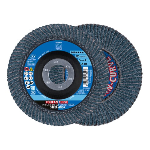 PFERD TOOLS POLIFAN CURVE Fächerscheibe PFR 125x22,23 mm Breite L Z40 SGP STEELOX für Stahl/Edelstahl (10)