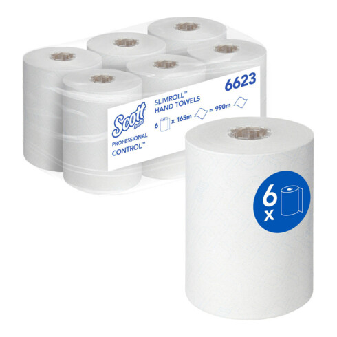 Scott Control Slimroll Rollenhandtücher, 6 x 165m lange, weiße, 1-lagige Rollen