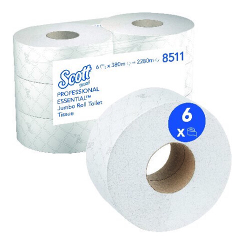 Scott Essential Jumbo Toilettenpapierrolle, 6 Rollen x 380m Blatt 2-lagigen Toilettenpapiers