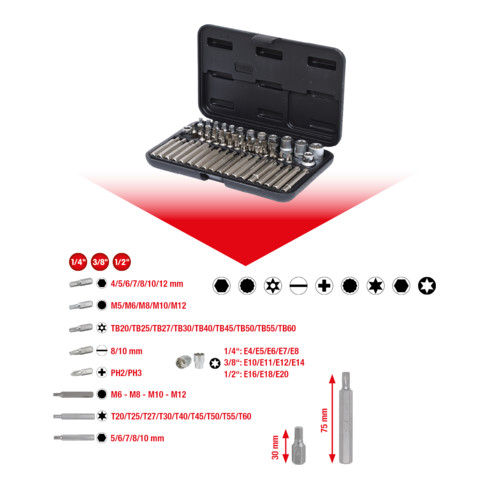 1/4"+3/8"+1/2" Coffret de douilles et douilles tournevis Torx, 57 pcs.