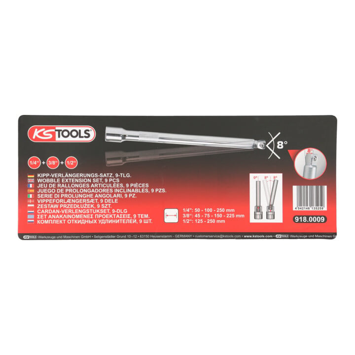 1/4"+3/8"+1/2" Jeu de rallonges articulées CHROMEplus, 9 pcs.