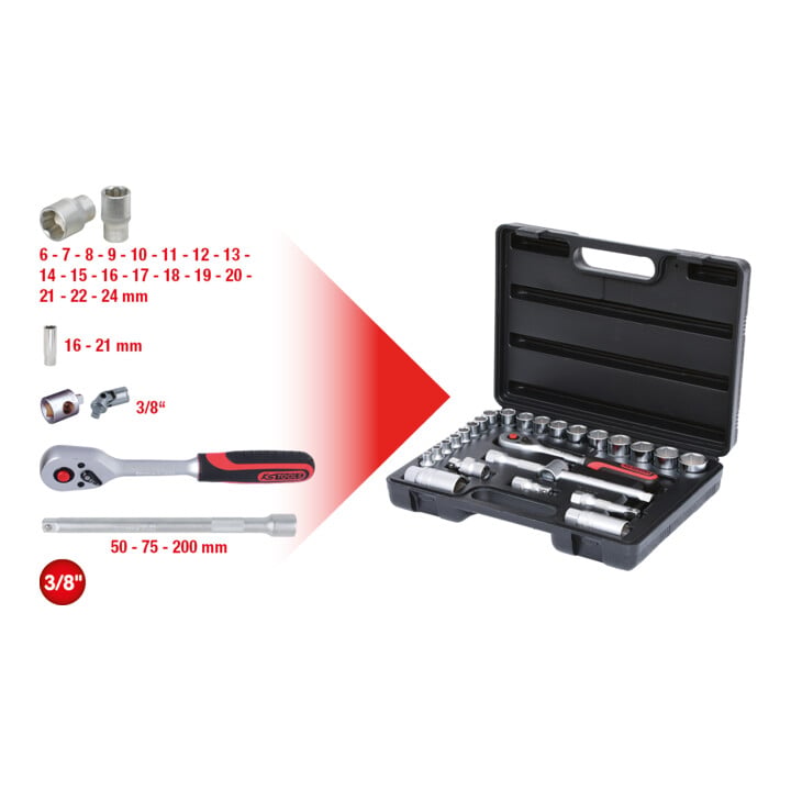 3/8" Coffret de douilles, 26 pcs.