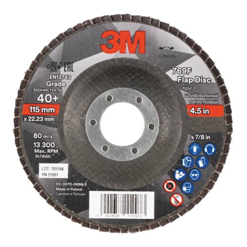 3M Disco abrasivo lamellare 769F, platorello in fibra di vetro conico, Ø115mm, grana 40