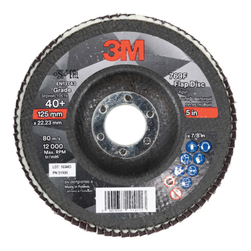 3M Disco abrasivo lamellare 769F, platorello in fibra di vetro conico, Ø125mm, grana 120