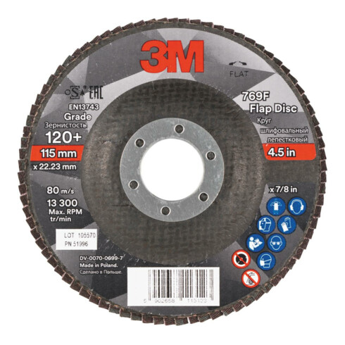 3M Disco abrasivo lamellare 769F, platorello in fibra di vetro piatto, Ø115mm, grana 120