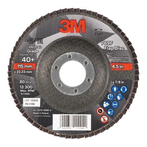 3M Disqueà lamelles 769F, plateau en fibre de verre plat,⌀ 115 mm, Grain: 40