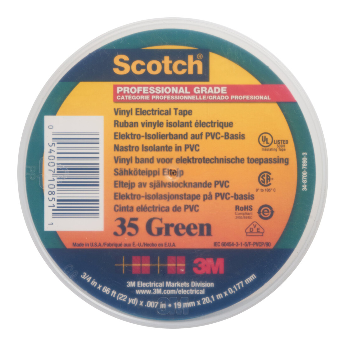 3M PVC Ruban isolant électrique 19 mm x 20 m, vert Scotch 35 19x20 gn