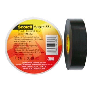 3M PVC Ruban isolant électrique 19 mm x 6 m, noir ScotchSuper33+ 19x6