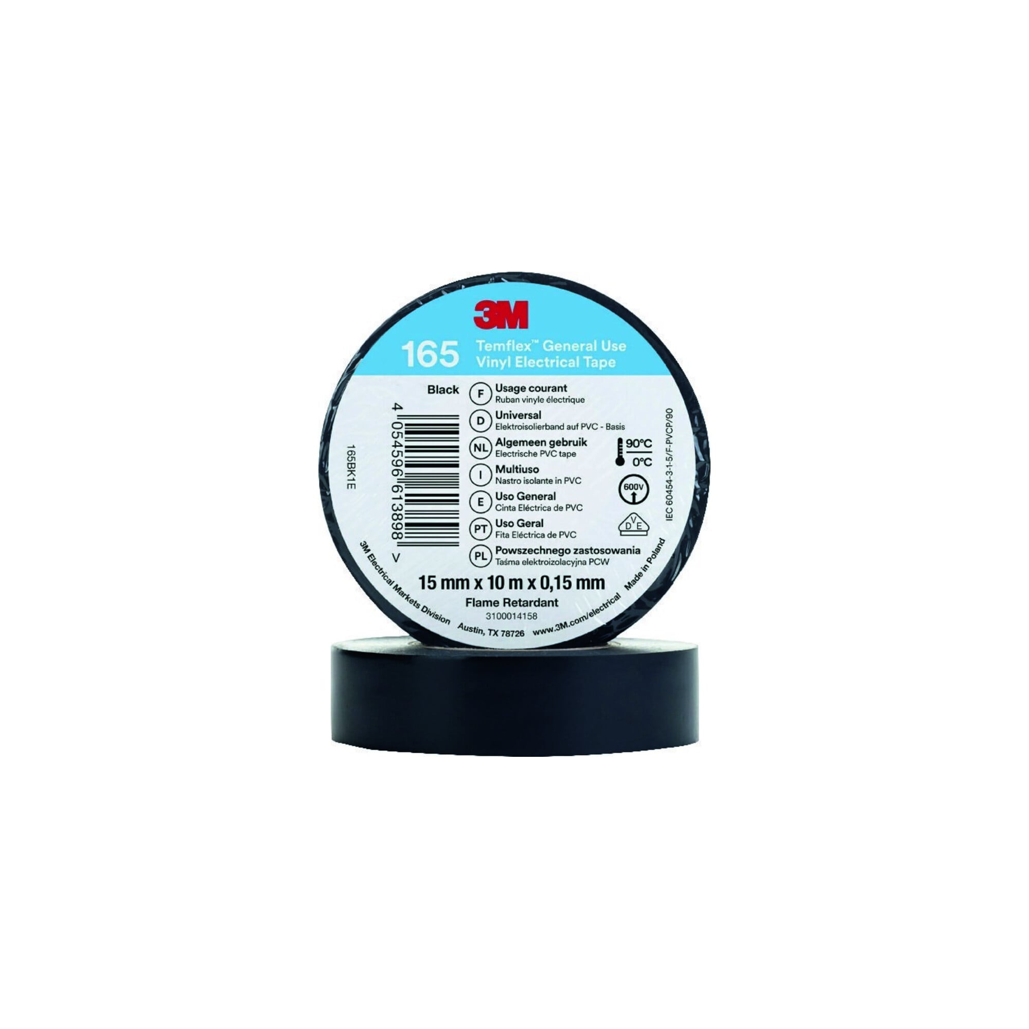 3M Temflex 165 Vinyl-Isolierband Schwarz 15mm x 10 m