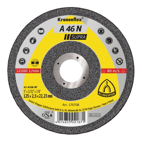 Disque de coupe Klingspor A 46 N125 x 2,5 x 22,23 mm coudé