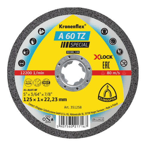 A 60 TZ Disques à tronçonner X-LOCK Klingspor 115 x 1 x 22,23 mm plat