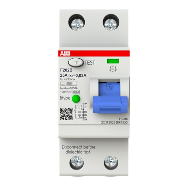 ABB Stotz S&J Disjoncteur différentiel Type B 2P 25A, 30mA, 3kA, 2 modules F202B-25/0, 03-2TE