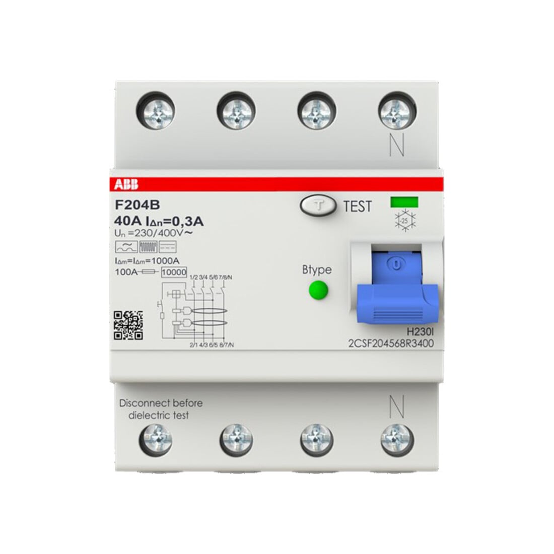 ABB Stotz S&J Disjoncteur différentiel Type B 4P 40A, 300mA, 3kA, 4I F204B-40/0, 3-4I