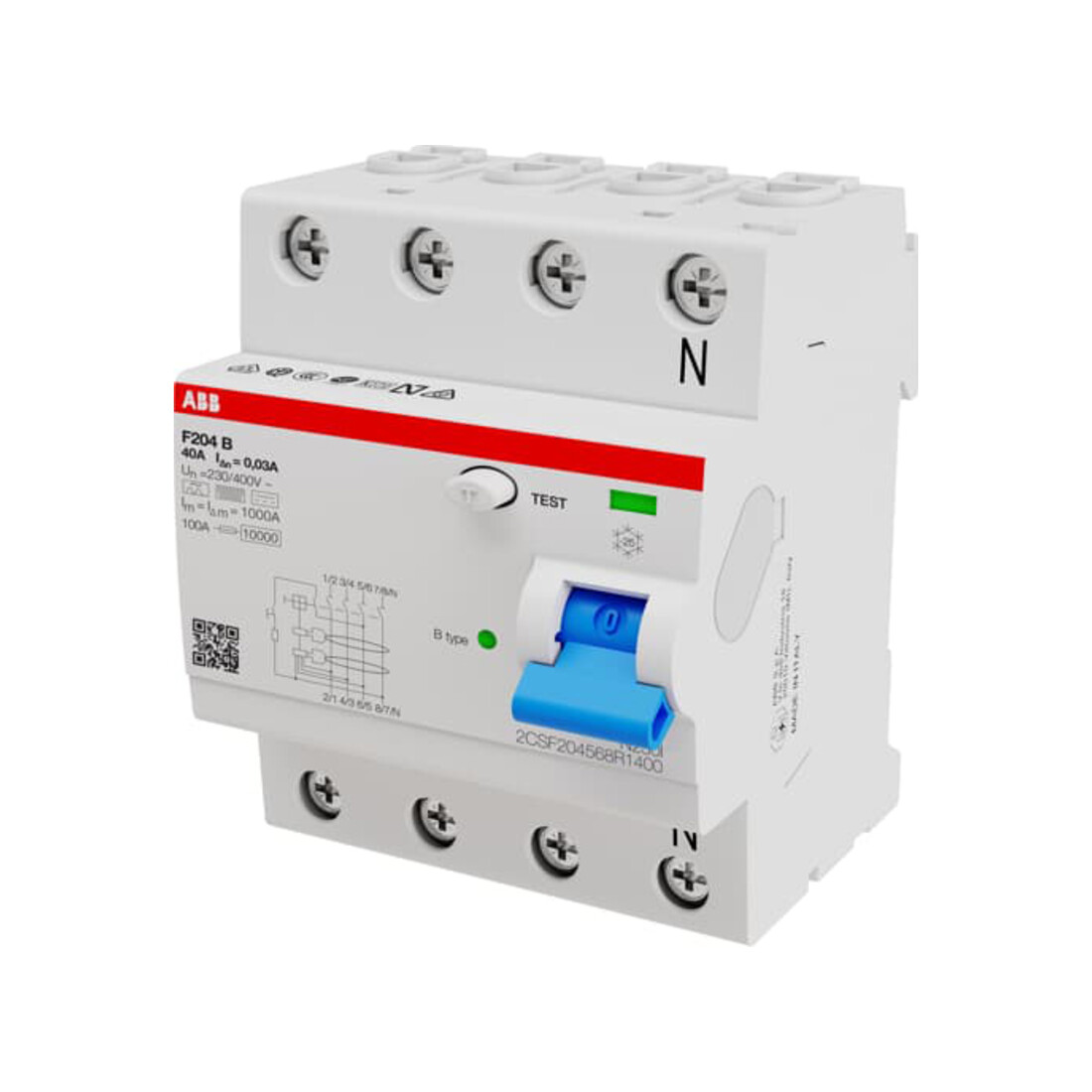 ABB Stotz S&J Disjoncteur différentiel Type B 4P 40A, 30mA, 3kA, 4 modules F204B-40/0,03-4TE