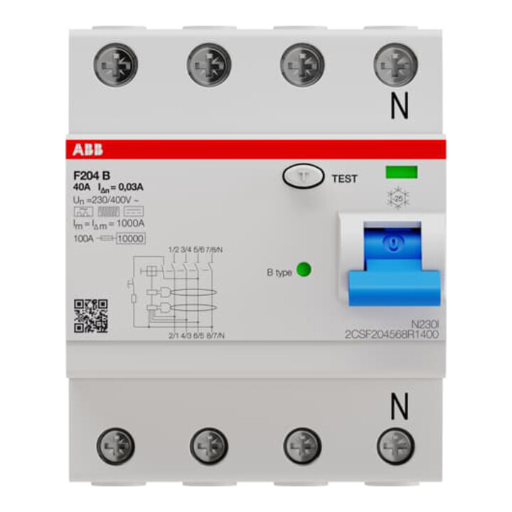 ABB Stotz S&J Disjoncteur différentiel Type B 4P 40A, 30mA, 3kA, 4 modules F204B-40/0,03-4TE
