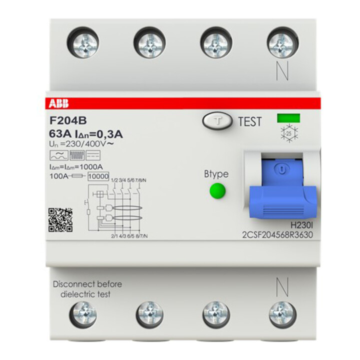 ABB Stotz S&J Disjoncteur différentiel type B 4P 63A, 300mA, 3kA, 4I F204B-63/0, 3-4I