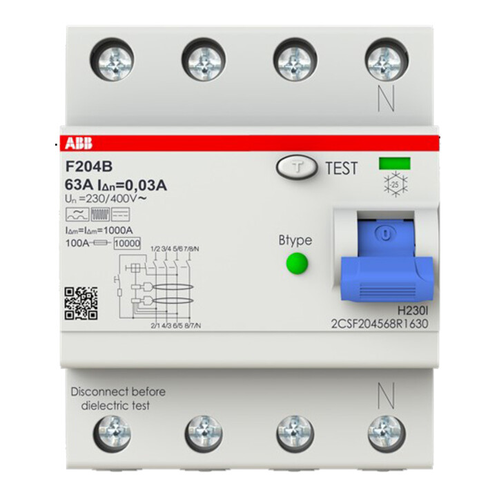 ABB Stotz S&J Disjoncteur différentiel type B 4P 63A, 30mA, 3kA, 4 modules F204B-63/0,03-4TE