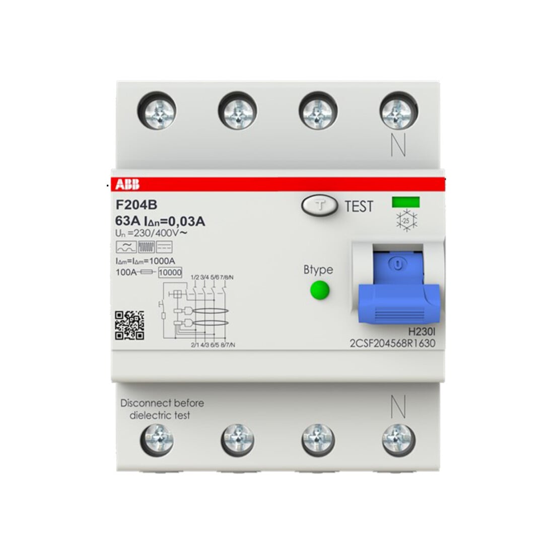 ABB Stotz S&J Disjoncteur différentiel type B 4P 63A, 30mA, 3kA, 4 modules F204B-63/0,03-4TE