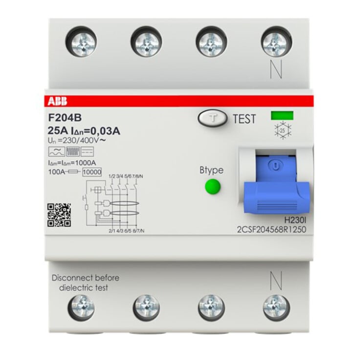 ABB Stotz S&J FI-Schutzschalter TypB 4P 25A, 30mA, 3kA, 4TE F204B-25/0, 03-4TE