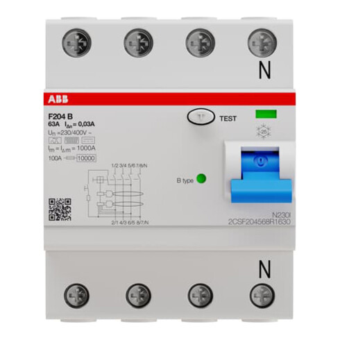 ABB Stotz S&J FI-Schutzschalter TypB 4P 63A,30mA,3kA,4TE F204B-63/0,03-4TE