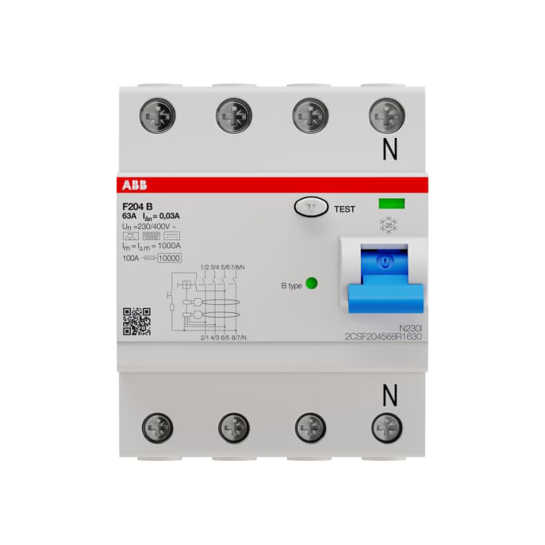 ABB Stotz S&J FI-Schutzschalter TypB 4P 63A,30mA,3kA,4TE F204B-63/0,03-4TE