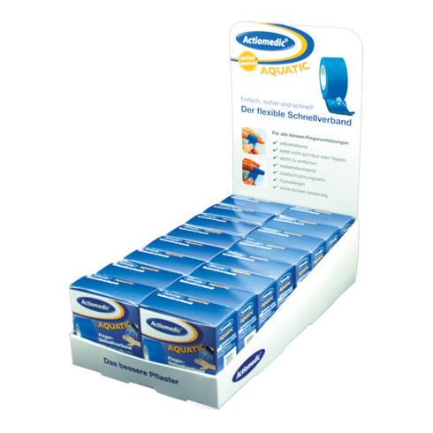 Actiomedic® AQUATIC pansement d'urgence, bleu, 3 cm x 7 m, dans présentoir contenant 16 pièces Gramm Medical