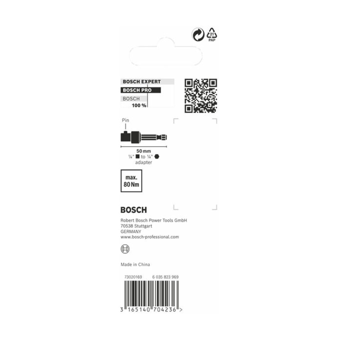 Adaptateur Bosch pour clés à douille 1/4", tête hexagonale 50 mm