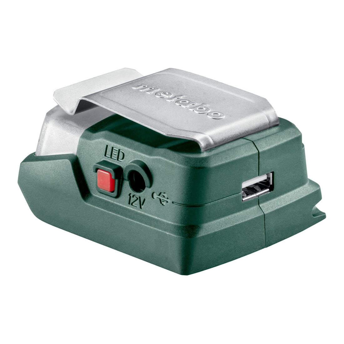 Adaptateur électrique sans fil PowerMaxx PA 12 LED-USB metabo, Raccord 12 V + USB 5 V + lampe LED, carton
