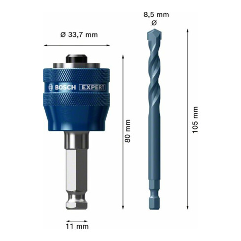 Adaptateur Power Change Plus Bosch Expert, 11 mm, mèche TCT, 8,5 x 105 mm