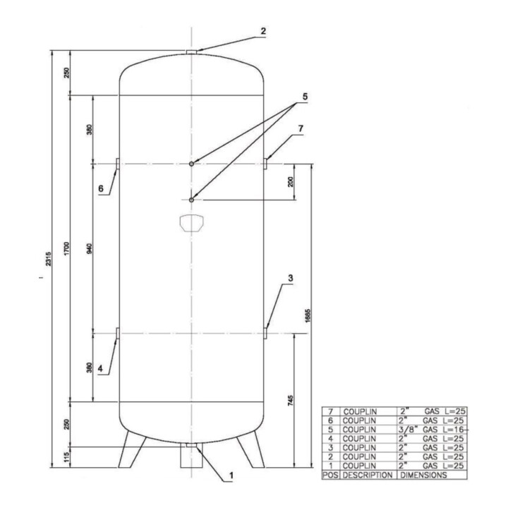 Aerotec persluchttank 1000 L verticaal - 11 bar met montageset