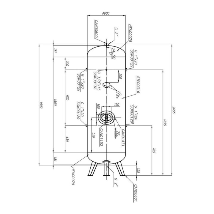 Aerotec persluchttank 500 L verticaal - 11 bar gegalvaniseerd AD2000 met montageset